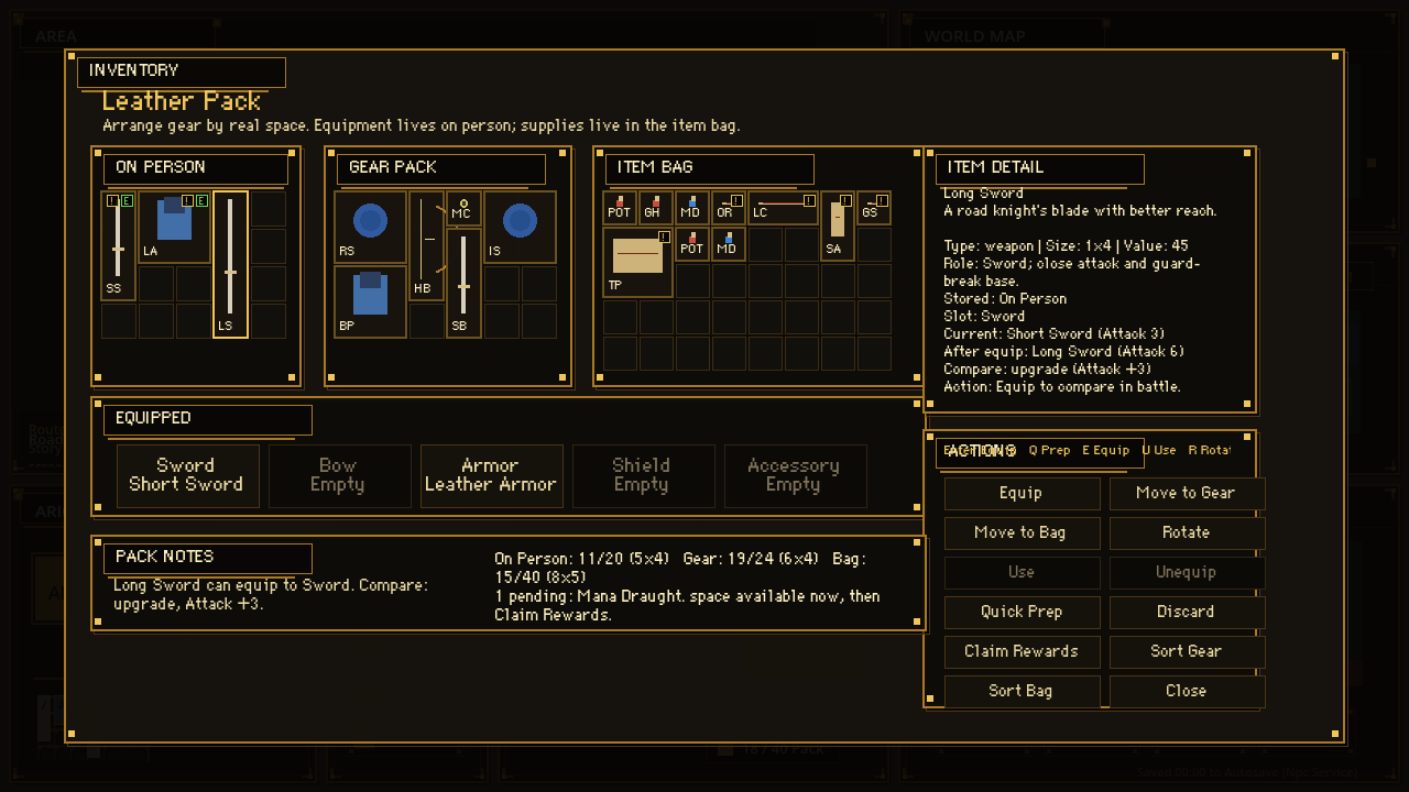 Beyond the King’s Road inventory gear bag screen