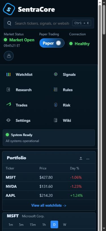 SentraCore mobile dashboard screen