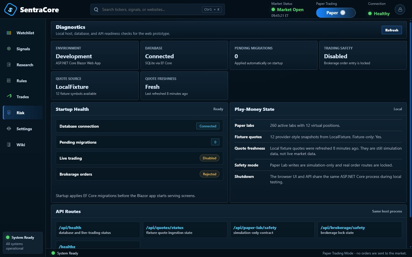 SentraCore risk diagnostics screen
