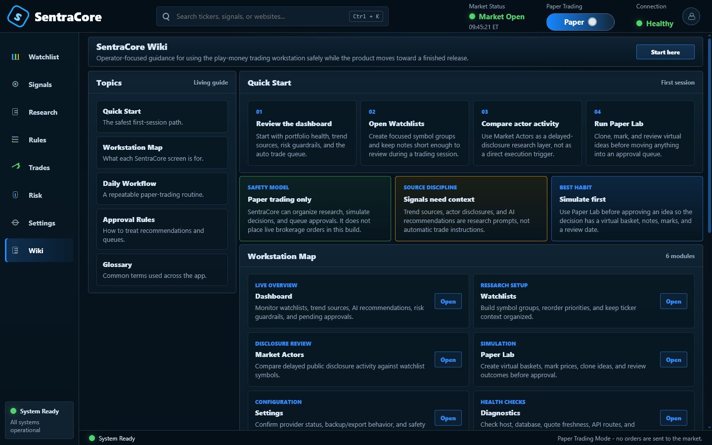SentraCore wiki guidance screen