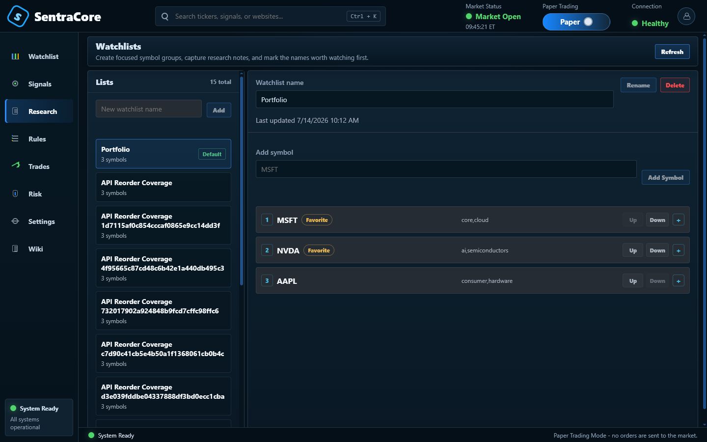 SentraCore watchlists and research screen