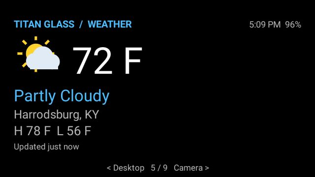 TITAN Glass Weather module showing 72 degrees and partly cloudy conditions for Harrodsburg Kentucky