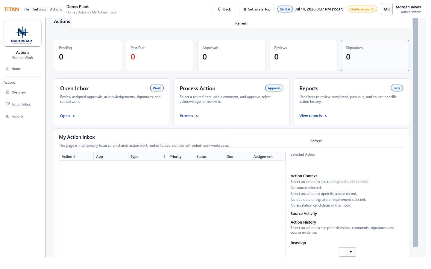 TITAN shared actions inbox screen