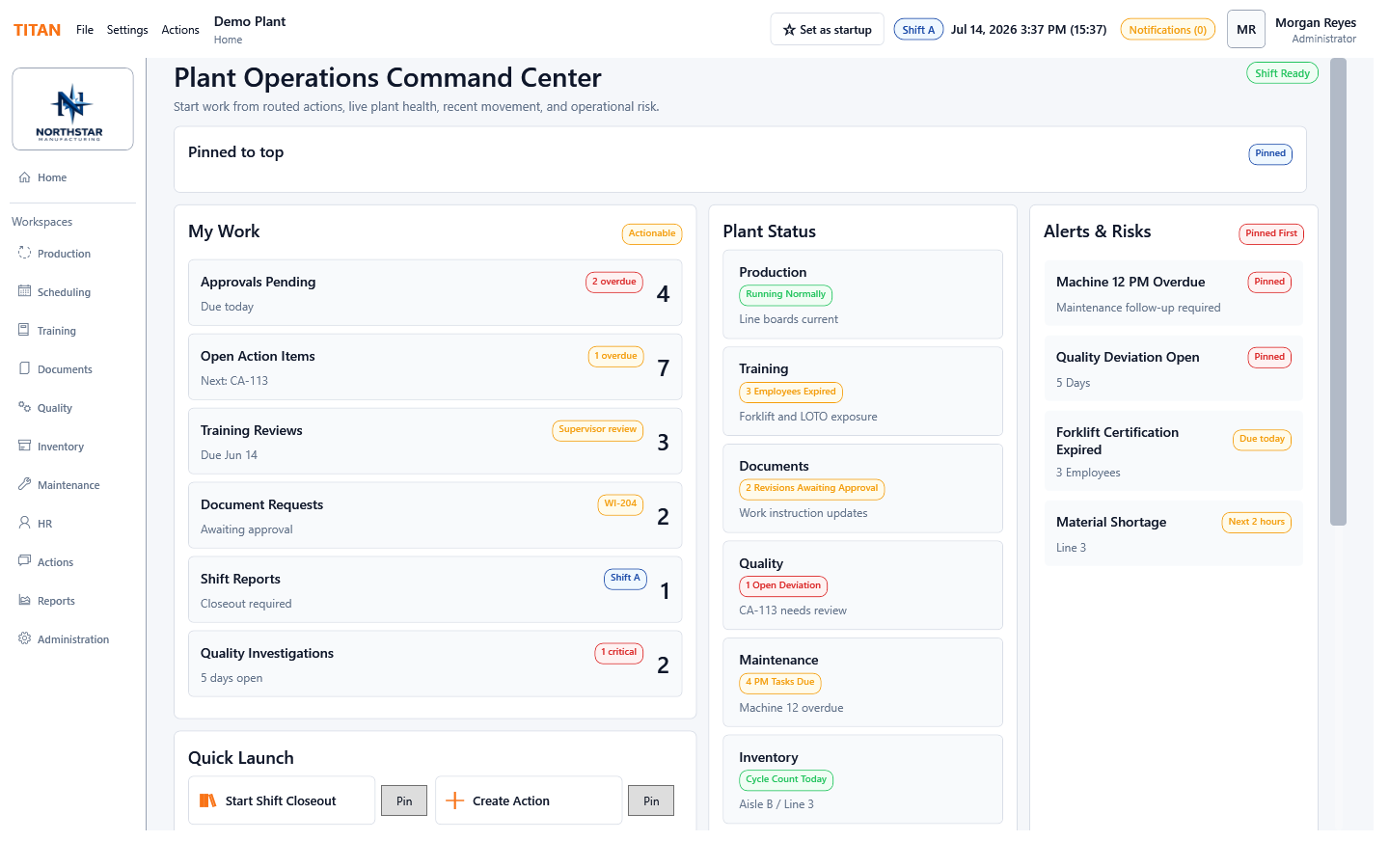 TITAN Core desktop home dashboard screenshot